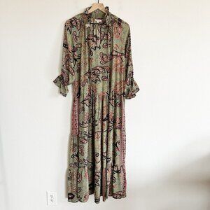 Paani Maxi Dress Green Paisley Print Tiered Ruffle 3/4 Sleeve Boho